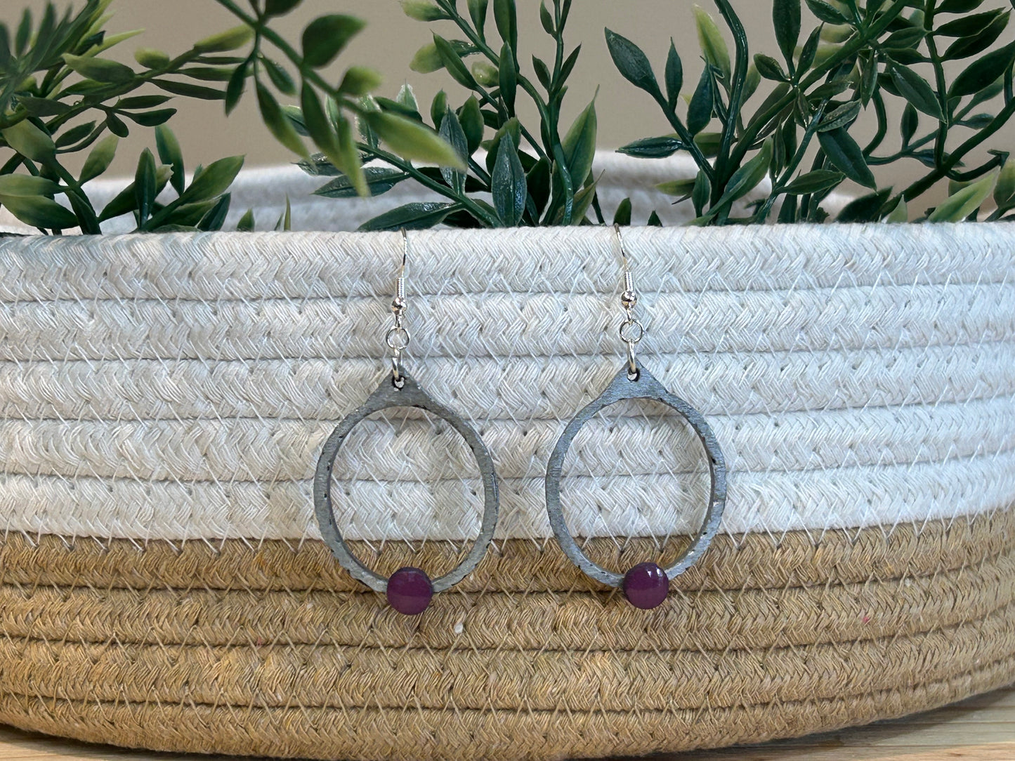 Earrings - Silver Oval With Burgundy Circle