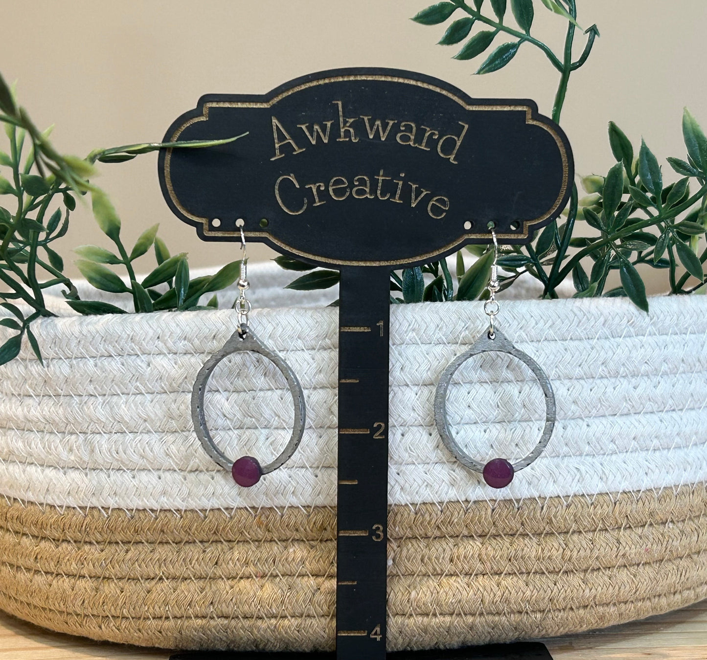 Earrings - Silver Oval With Burgundy Circle